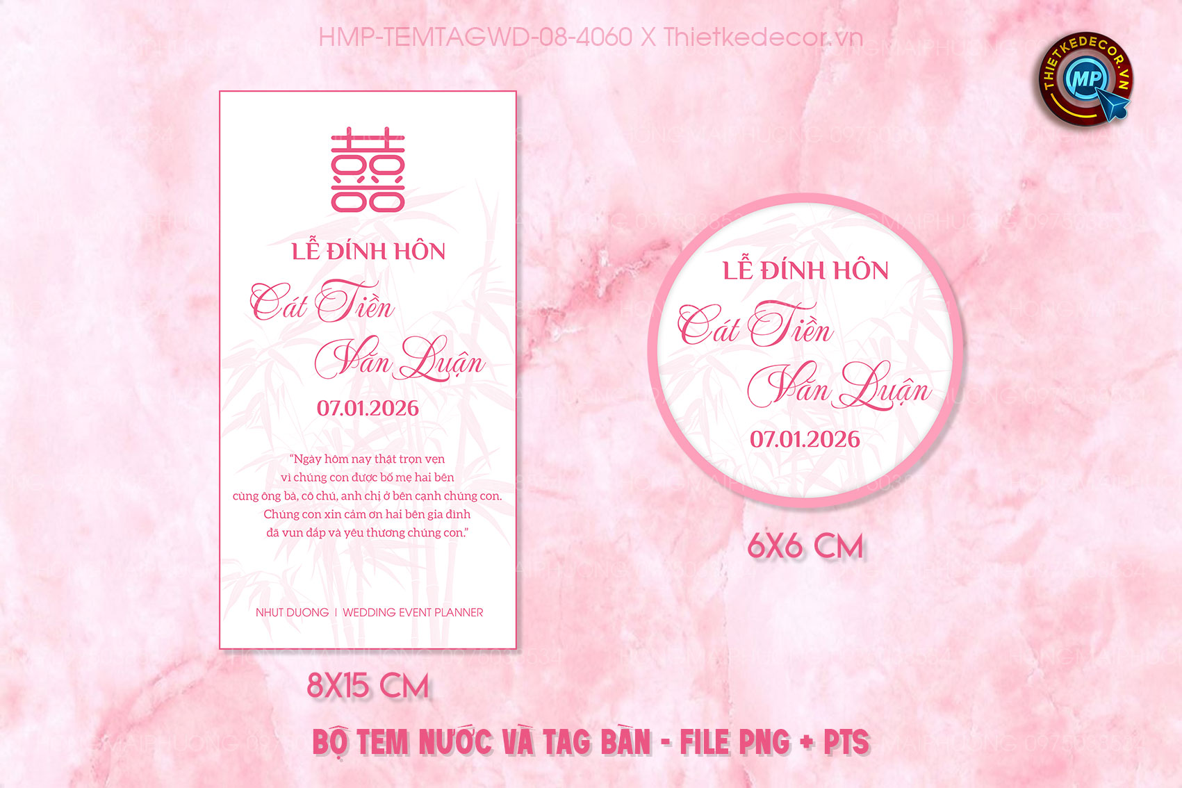 Bộ Tem nước tag bàn tone hồng , ẩn nền họa tiết tre trúc